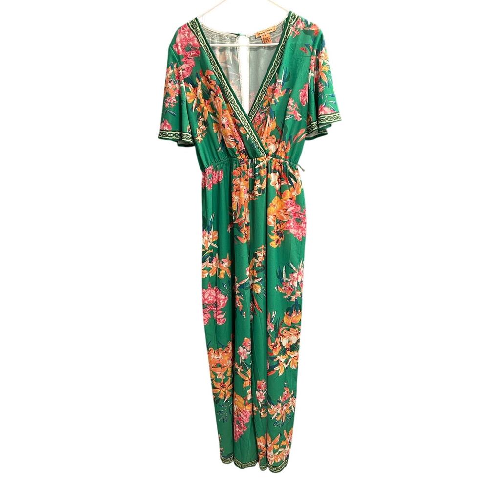 Flying Tomato Green Floral Short Sleeve Jumpsuit Wide Leg Flutter Size Medium